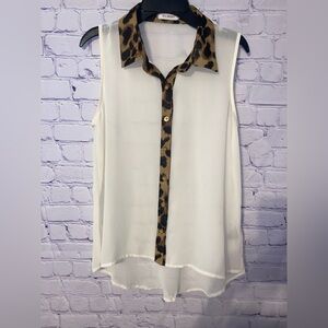 3/15 White Blouse with Leopard Trim